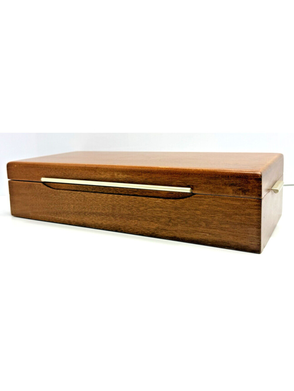 Vtg Long Wood Bureau Jewelry Box Red Velvet 12.5"L MCM